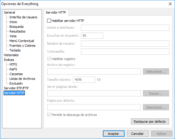 Everything Opciones Servidor HTTP